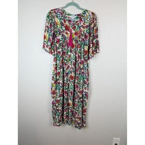 Go Softly Patio Dress Womens Large Multicolor Floral Tassel Pocket Rayon Boho